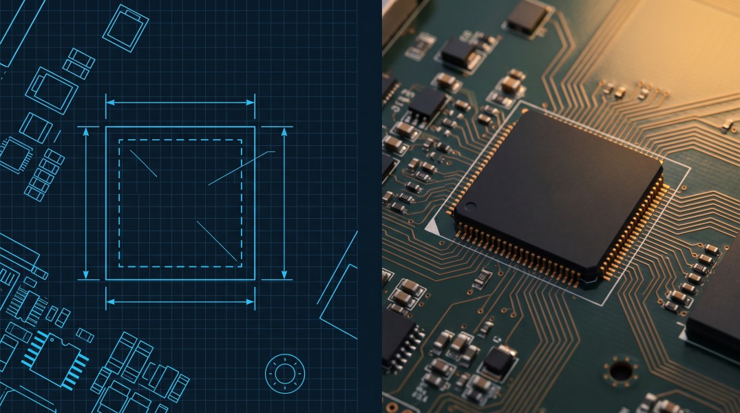 Two side-by-side technical panels of the same circuit board region. The left panel is a blueprint schematic showing an empty dashed component footprint. The right panel is a photograph of the real board with a chip physically installed in that exact position.