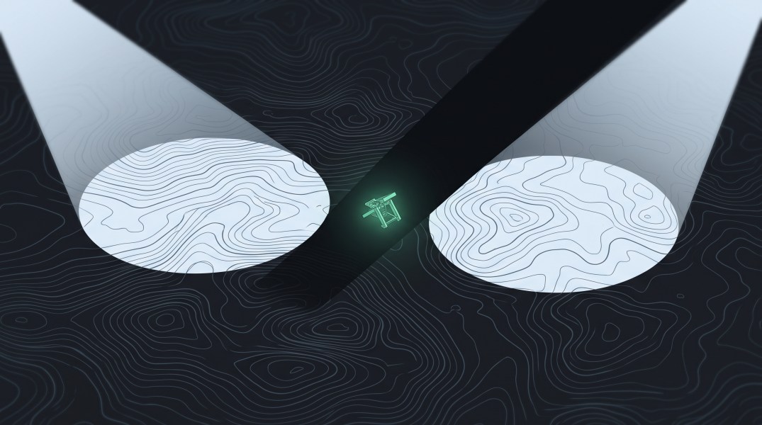 A dark topographic map lit by two searchlight beams. Between the two lit circles lies a wedge of shadow neither beam reaches, and in that shadow a small green structure glows with its own light.