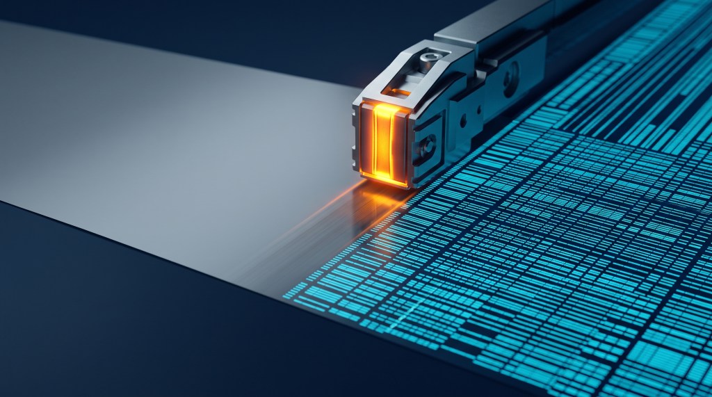A magnetic tape surface covered in fine rows of glowing cyan data marks. An amber write head travels across it from right to left, and the surface behind the head is completely blank — the mechanism is erasing the archive rather than writing to it.