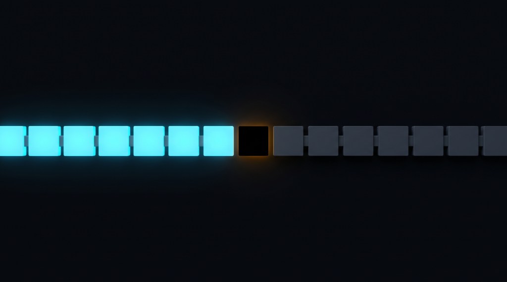 A horizontal chain of glowing cyan blocks running across a black field. One block near the centre is an empty black void with amber light bleeding from its edges. Every block to its left is brightly lit; every block to its right is dark and inert.