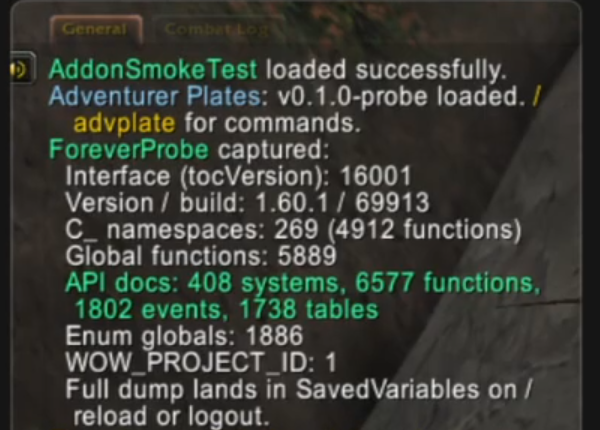 Capability probe output printed to the WoW chat frame, reporting Interface 16001, build 69913, 269 C_ namespaces covering 4912 functions, 5889 globals, and a documented surface of 408 systems, 6577 functions, 1802 events and 1738 tables.